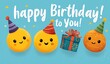 © shi - Cute Emoji Characters with Party Hats and Gift for Birthday Celebrations on Blue Background
