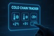 © Gibster - Cold chain logistics warehouse logistic. Cold chain tracker interface with temperature readings and finger pointing to screen futuristic blue