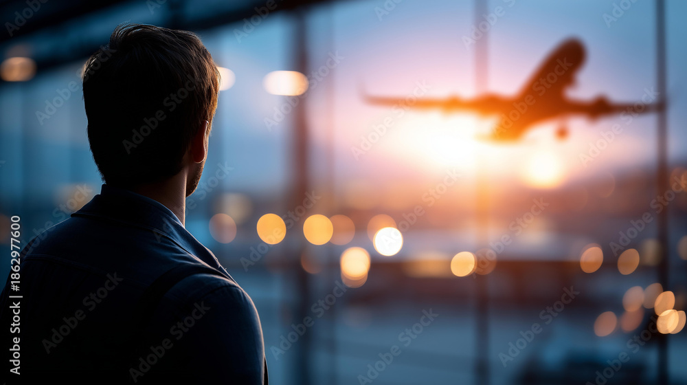 Faceless person standing at airport departure gate window, silhouette ...