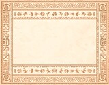 An ancient-style, rectangular frame with an empty cream-colored center, and symmetrical detailing