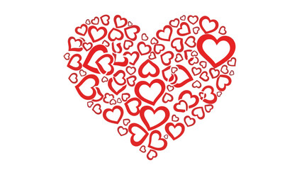  Heart shape made of many small red hearts on white background.