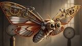Steampunk butterfly with mechanical wings in industrial setting