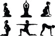 © fatimatz - Array of black silhouettes depicting pregnant women in different yoga and stretching postures on a white background