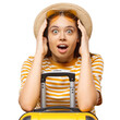 © Damir Khabirov - Shocked surprised female traveler with suitcase holding head expressing disbelief