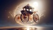 © Coffee_Reflections - Opulent vintage carriage with gold wheels floating amidst magical light particles and bright glow. AI Generated, Generative AI