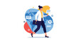 © MD - Confident businesswoman walking forward while carrying a briefcase with a world map and digital communication icons in the background.