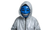 © Milaballe - Person wearing blue smiling emoji mask and silver hoodie isolated on the transparent background, anonymous expression, urban style, conceptual portrait
