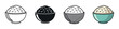 © David - Set of four rice bowl icons in various graphic styles including outline, silhouette, and color, representing a simple meal of cooked grains for a healthy diet