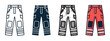 © Sophia - Firefighter protective work trousers icon set shows four design styles including line art, glyph, hand drawn sketch, and a colored cartoon version with reflective stripes