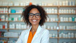 © miss irine - Smiling woman pharmacist wears lab coat in drugstore. Shelves with medicine bottles behind her. Person works in health care, offers service and advice. She is happy.