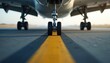 © miss irine - Airplane landing gear touches down on airport runway. Front wheels of aircraft on tarmac with yellow line. Jetliner arriving at destination.