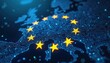 © miss irine - European Union map outlined on digital circuit board. Yellow stars of EU flag embedded, signifying unity and technological advancement. Global network security and data protection themes.