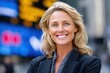 © olgasun - A portrait of a confident businesswoman smiling in a modern city environment, showcasing her radiant beauty and professional demeanor, wearing a suit.