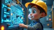 © Vadym - Cartoon child in hard hat interacts with glowing circuit board panel. Young boy plays with electronic controls, learning about engineering and technology in a bright workshop.