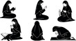 © PixelPaletteArt - Muslim woman praying and reading Quran in traditional hijab vector set with black silhouette style for religious culture and devotion illustration