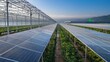 © gou - translucent photovoltaic panel array on agricultural greenhouse roof, intelligent drip irrigation cultivation racks below, background is crop growth monitoring screen and farmland