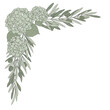 © su - Elegant botanical corner design featuring hydrangeas and olive branches in neutral sage green isolated on white background