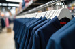 © Pete - Row of dark blue school uniforms hangs on white hangers in store. Many identical shirts are displayed on racks. Clothing retail shop offers apparel for children. Formal wear collection for education.