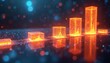 © Pete - Glowing neon bar chart shows data progress. Bright orange columns rise on dark space background. Digital financial graph indicates market growth and success. Analysis shows upward trend.
