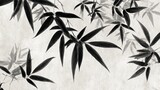 Sumi-e style artwork of bamboo leaves with dark ink contrast against a neutral background, some leaves overlapping