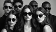 © Pete - Group of diverse young adults wear dark sunglasses, posing confidently. They wear black fashion attire, looking cool and stylish. Close up faces show edgy attitude.
