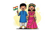 © Suliman - Happy indian children in traditional clothing holding flag, boy and girl in ethnic wear smiling, cultural celebration, patriotic kids, india