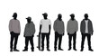 © Avoxel - Silhouettes of young men dressed in casual streetwear, including hoodies, sweatshirts, and baseball caps, with one holding a skateboard.