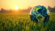 © Pete - Digital Earth globe glows on green grass field at sunset sunrise. World connected network lines symbolize global tech future. Sustainable agriculture smart farming global reach.