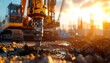 © pon - Close-up of a drilling machine operating at a construction site during a sunset with warm sunlight