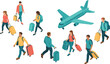 © Md Golam Shahariyar - Isometric airport travel illustration, passengers walking with luggage, airplane departure concept, tourism business travel scene, modern transportation design