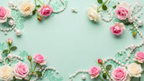 Ornate floral frame with pink and white roses, pearls, and damask patterns on a soft mint green background