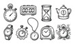 ©  MVectors - Hand drawn illustrations featuring different types of clocks, timers, and time measurement tools.
