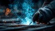 © horizon - Close-up action shot of welder working on steel with bright blue sparks flying, smoke, and gloved hand holding torch in industrial setting.