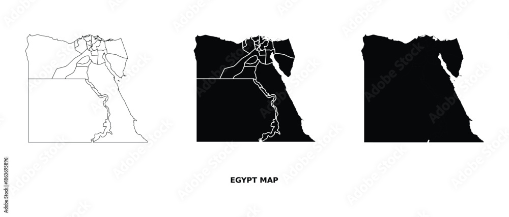 Egypt map vector set with administrative divisions in black and white ...
