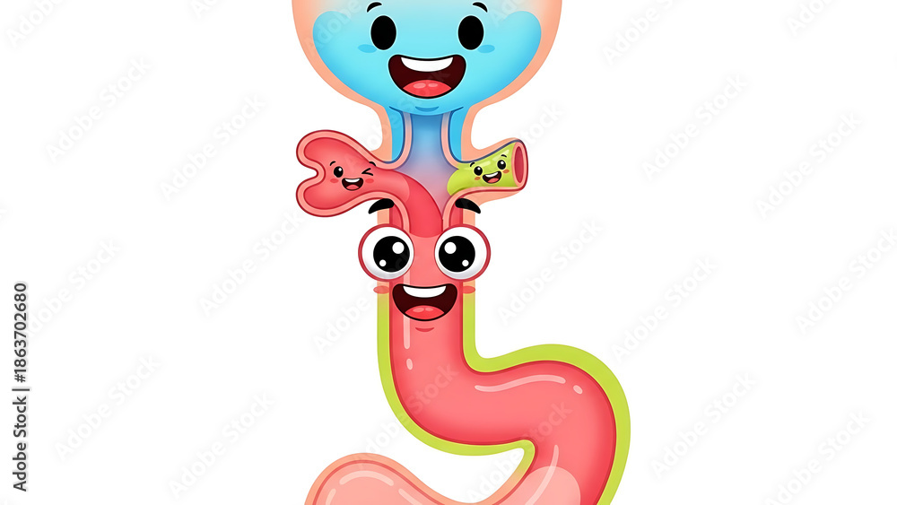Ilustração Cute Cartoon Illustration of Human Digestive System Organs ...