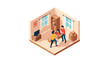 © Maureen - Family arranging furniture in modern isometric living room interior scene