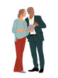 © Creative_Juice_Art - Diverse business couple in a professional meeting, standing and discussing with digital tablet. Minimalist vector flat illustration isolated on transparent background.