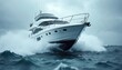 © Viktor - White motor yacht speeds through rough ocean waves under a stormy sky. Powerful vessel cuts through choppy sea spray during a dramatic maritime journey. Luxury boat navigates rough waters at speed.