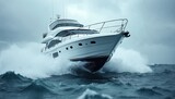 White motor yacht speeds through rough ocean waves under a stormy sky. Powerful vessel cuts through choppy sea spray during a dramatic maritime journey. Luxury boat navigates rough waters at speed.