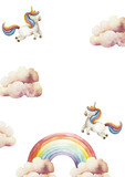 Watercolor hand drawn postcard with rainbow with Summer air clouds and Unicorn. Magical clipart isolated on background, cartoon transparent png illustration. Baby shower greeting cards or childish