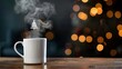 © savittree - Cozy Warm Cup of Coffee with Holiday Spirit and Christmas Tree Steam on a Festive Background with Blurry Lights
