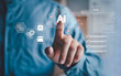 © Krittamet - The concept of AI agents and artificial intelligence envisions humans using their hands to interact with virtual AI interfaces for analysis, communication, and advanced business technology systems.