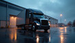 © Viktor - Black semi-truck parked near warehouse at dusk. Wet asphalt reflects building lights. Heavy cargo vehicle ready for transport. Global distribution and supply chain.