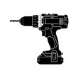 © Muginandaru - A black and white silhouette of a cordless power drill with a drill bit attached to the chuck.