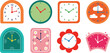 © MdShakil - Vector illustration set of colorful decorative clocks for kids featuring flower cloud star and floral patterns in round square and arched shapes.