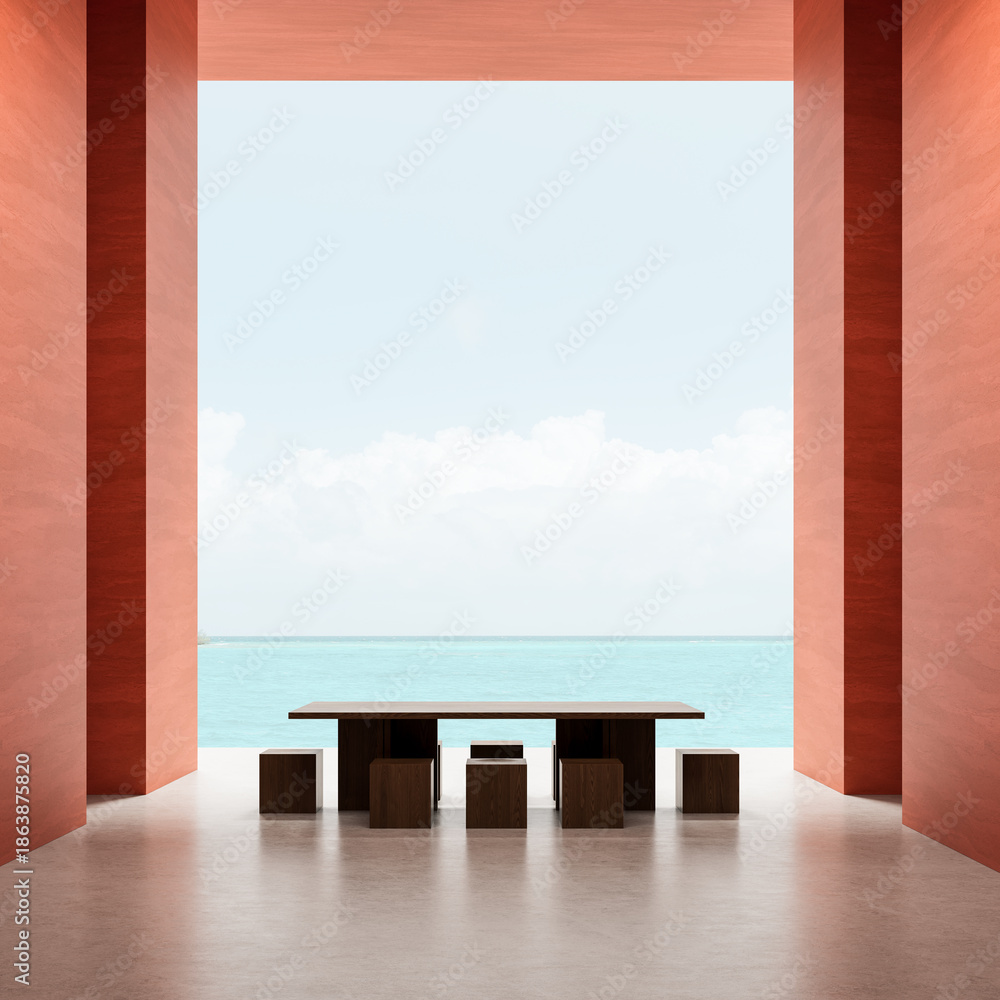 Modern minimalist interior dining area with geometric furniture and ...