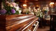 © Justlight - Medium shot of a wooden casket with rich grain patterns highlighting traditional burial options in a serene funeral home setting.