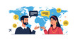 © Creative Craftr - Man and woman having a conversation with speech bubbles in front of a world map, representing global communication.