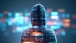 © 69 - Mysterious figure in a hooded jacket stands before glowing abstract screens, representing the enigmatic world of hacking and digital privacy concerns.