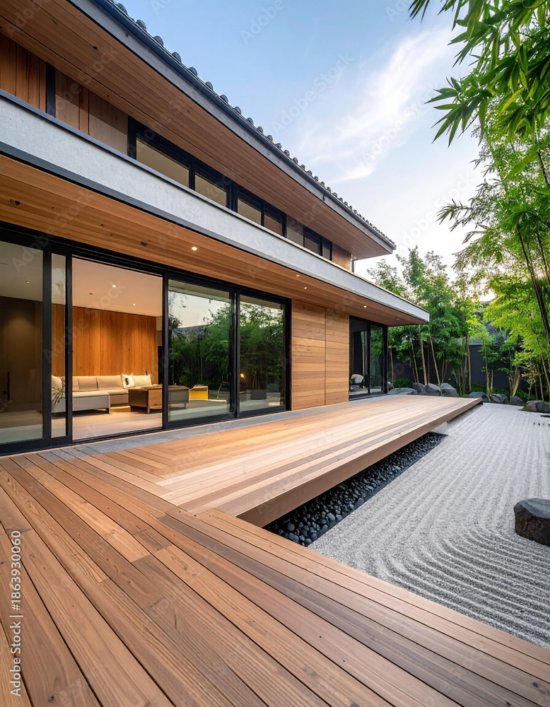 Modern Japanese house with wooden deck and zen garden, tranquil outdoor ...